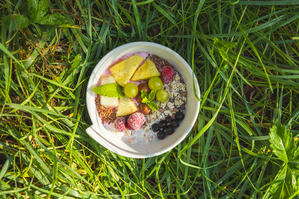 Frühstücksbowl mit Müsli im Gras von oben.