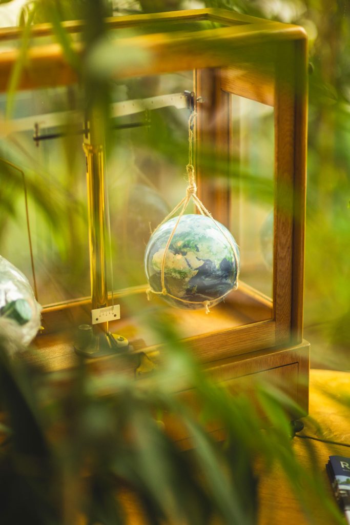 A plant can be seen blurred in the foreground of the picture. A plant can be seen blurred in the foreground of the picture. A globe hangs on one side of the scale. 